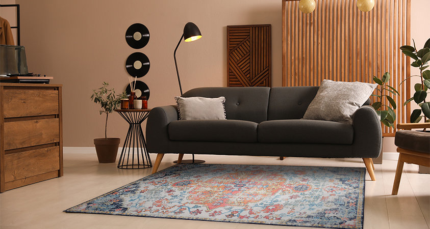 A medium sized rug is perfect for smaller living rooms. These rugs should at least be the length of, if not longer than, the main sofa.