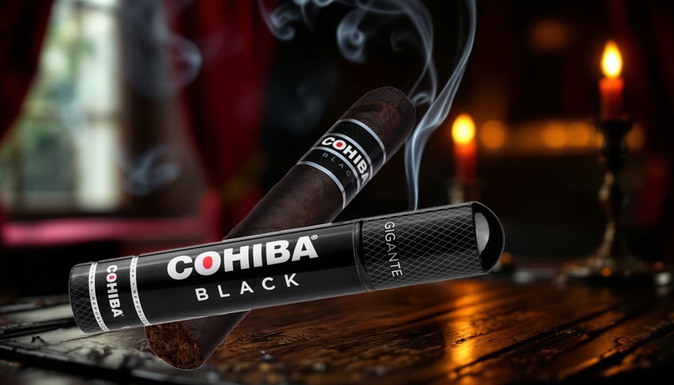 A close-up of a Cohiba Black cigar, emphasizing its dark wrapper and robust appearance.