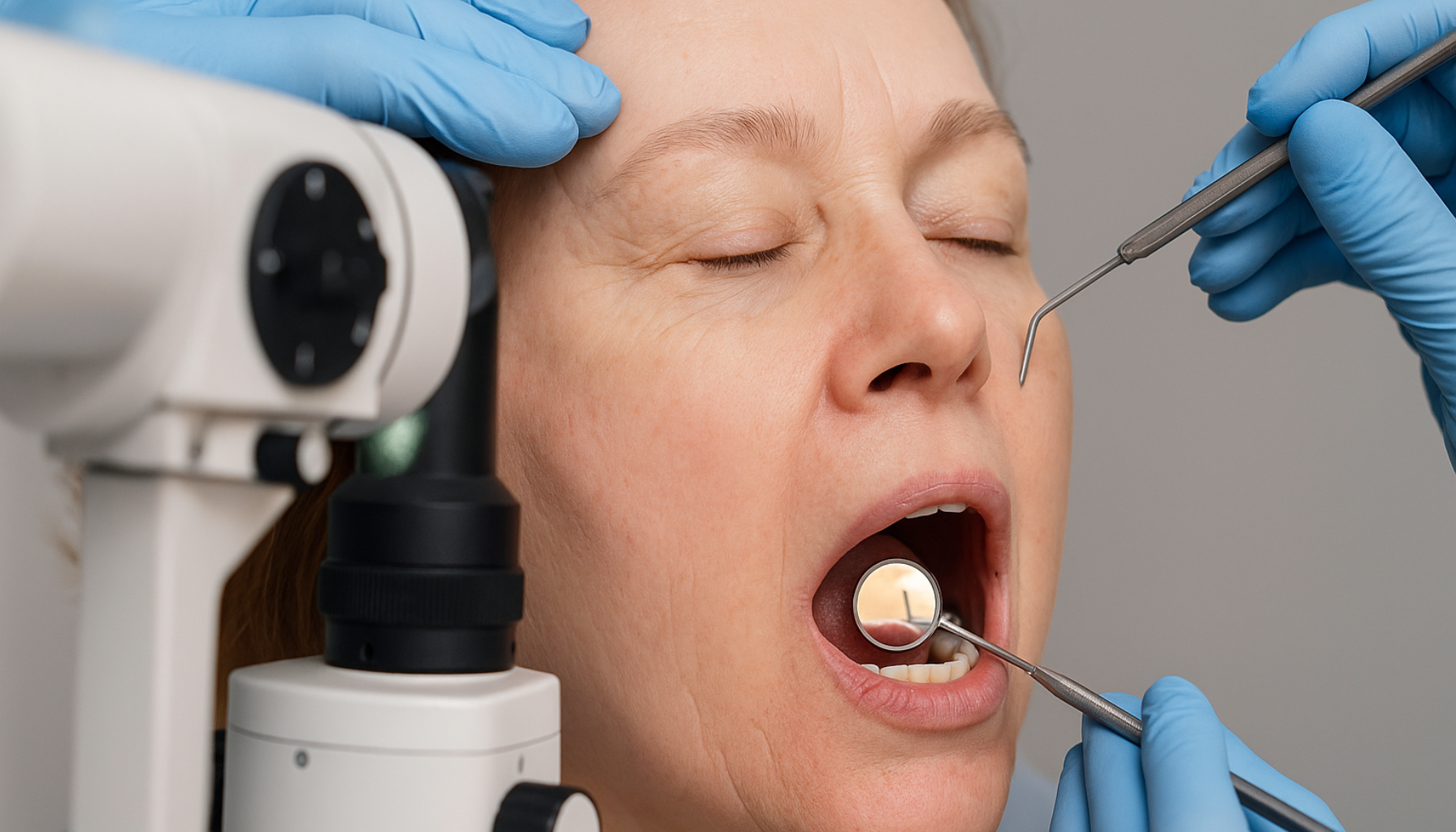 Kvinne undersøkes samtidig av øyelege og tannlege med spesialutstyr, som symboliserer sammenheng mellom øyehelse og tannhelse.