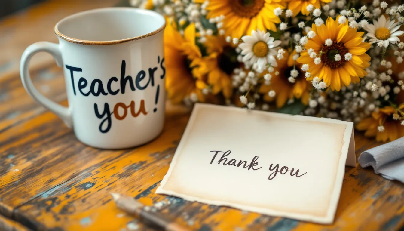 A close-up image features a personalized teacher mug alongside a thank-you card and a vibrant bouquet of flowers, all arranged on a rustic wooden table. The warm, soft focus creates an appreciative atmosphere, perfect for celebrating teacher appreciation week with thoughtful gifts for educators.