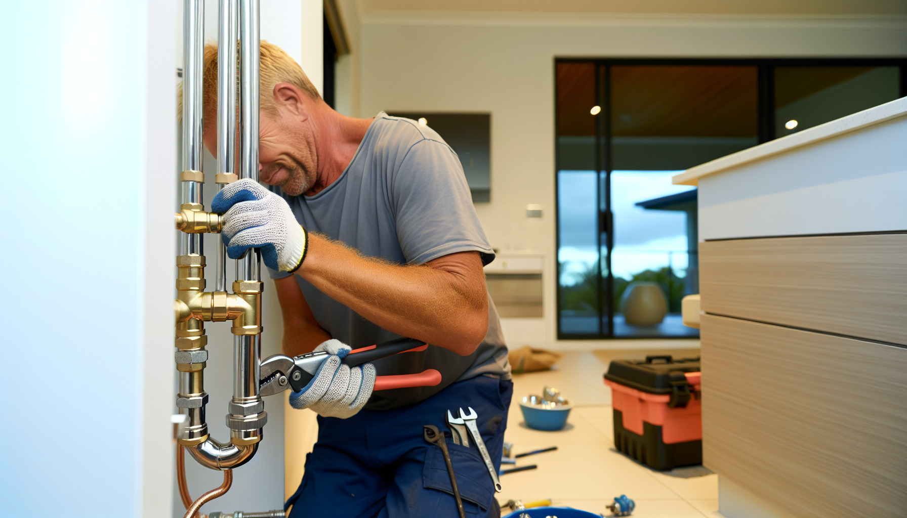 A technician installing a hot water system in a Gold Coast home