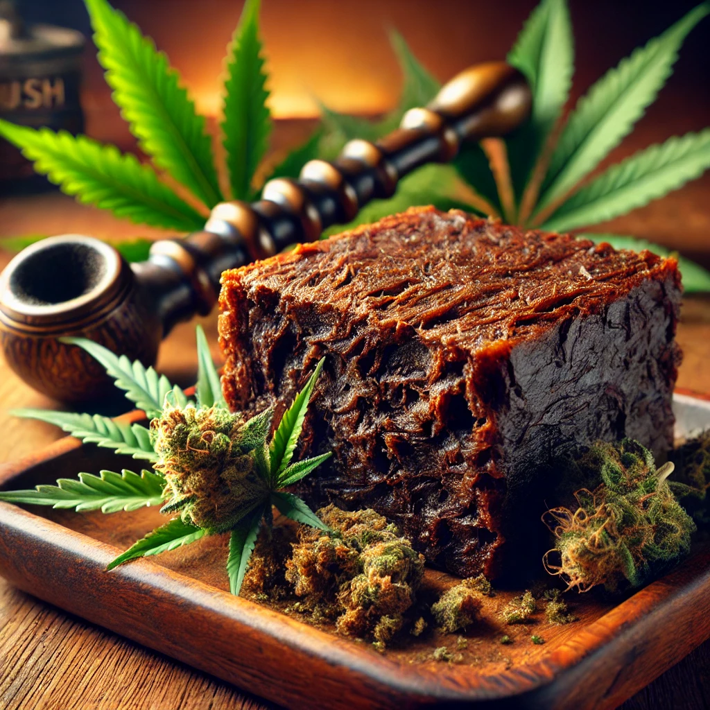 A premium Afghani Hash block placed on a wooden tray, with crumbled pieces and fresh cannabis leaves nearby.