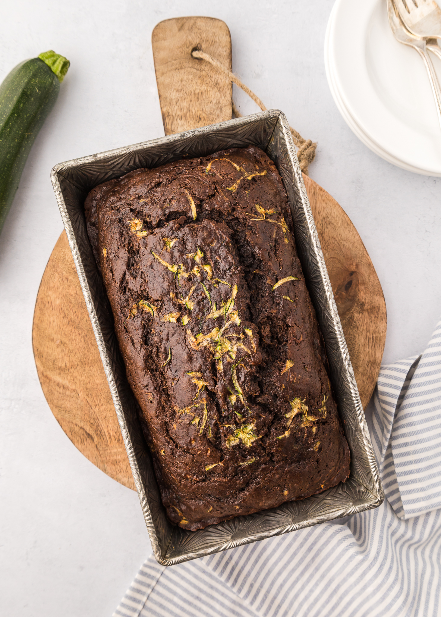 baked chocolate zucchini bread in a loaf pan