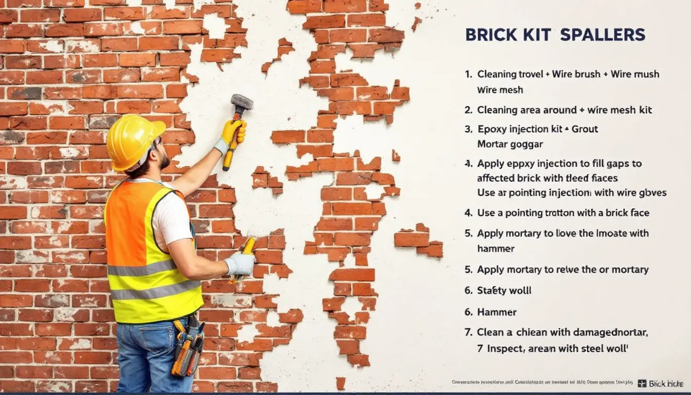 Tools and materials used for repairing spalling bricks.