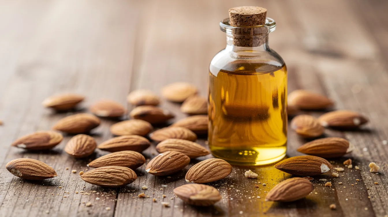 The image features whole almonds scattered around a small glass bottle filled with golden almond oil, resting on a rustic wooden surface. This visual highlights the natural beauty of almond oil, known for its benefits in hair care routines, promoting healthy hair growth and enhancing shine.