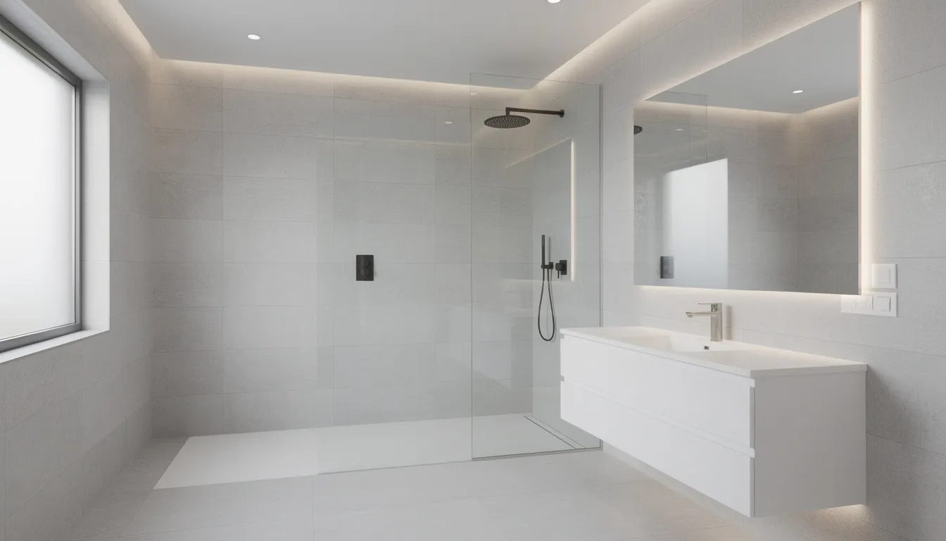 Une salle de bain moderne avec une douche à l'italienne, entièrement carrelée en grès cérame gris clair. Les murs et le sol sont harmonieusement revêtus, créant une ambiance élégante et contemporaine, idéale pour un projet de rénovation à Saint Sébastien sur Loire ou Vertou.