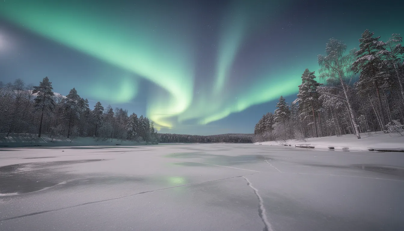 Une magnifique aurore boréale illumine le ciel au-dessus d'un lac gelé en Suède, entouré d'arbres recouverts de neige. Ce paysage féerique évoque une aventure en pleine nature, parfaite pour ceux qui envisagent une location de voiture en Suède pour explorer ses merveilles.