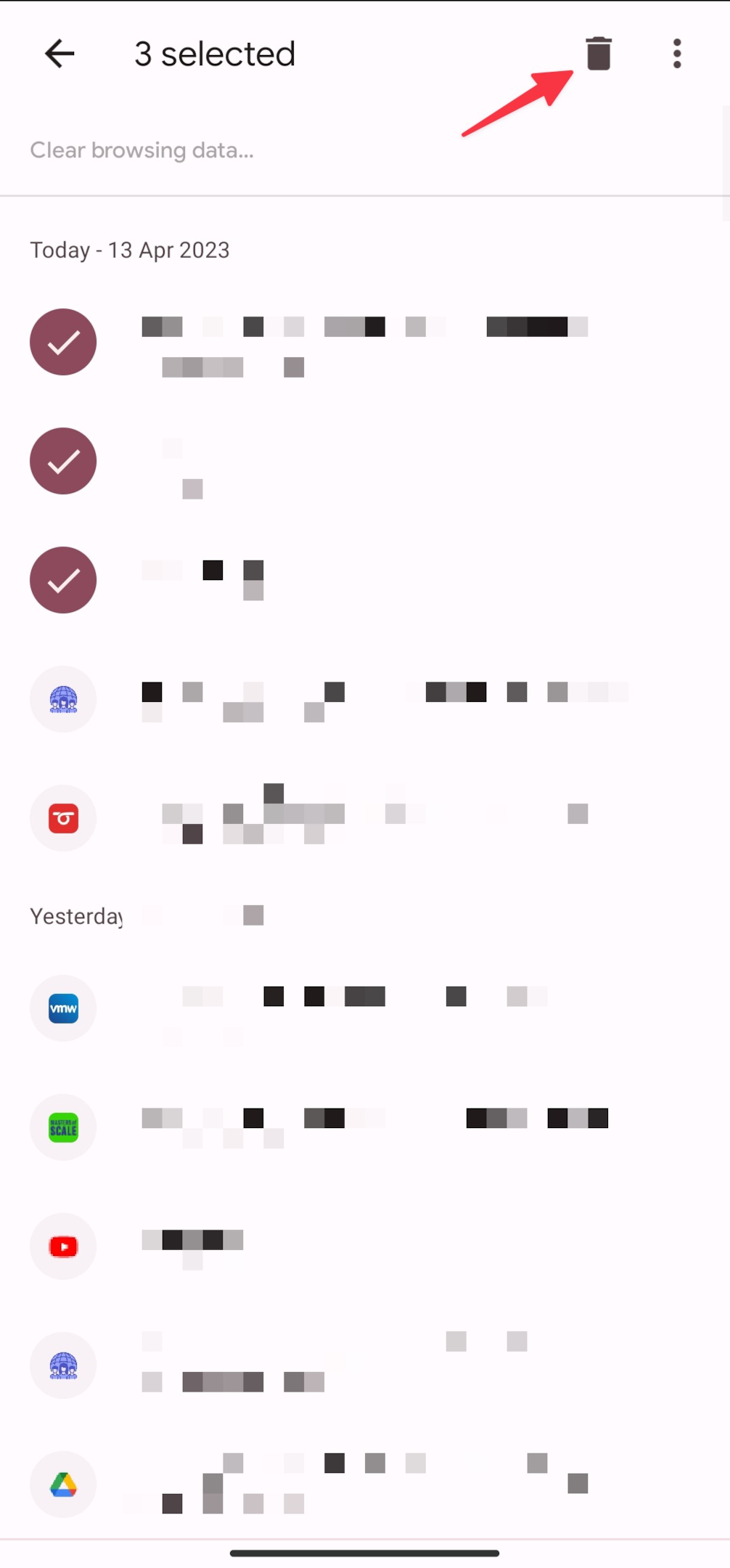 Remote.tools shows how to clear Google search history on an Android device. Long press on one entry, then select multiple entries & then tap on trash can icon in top right corner to remove more than one entries