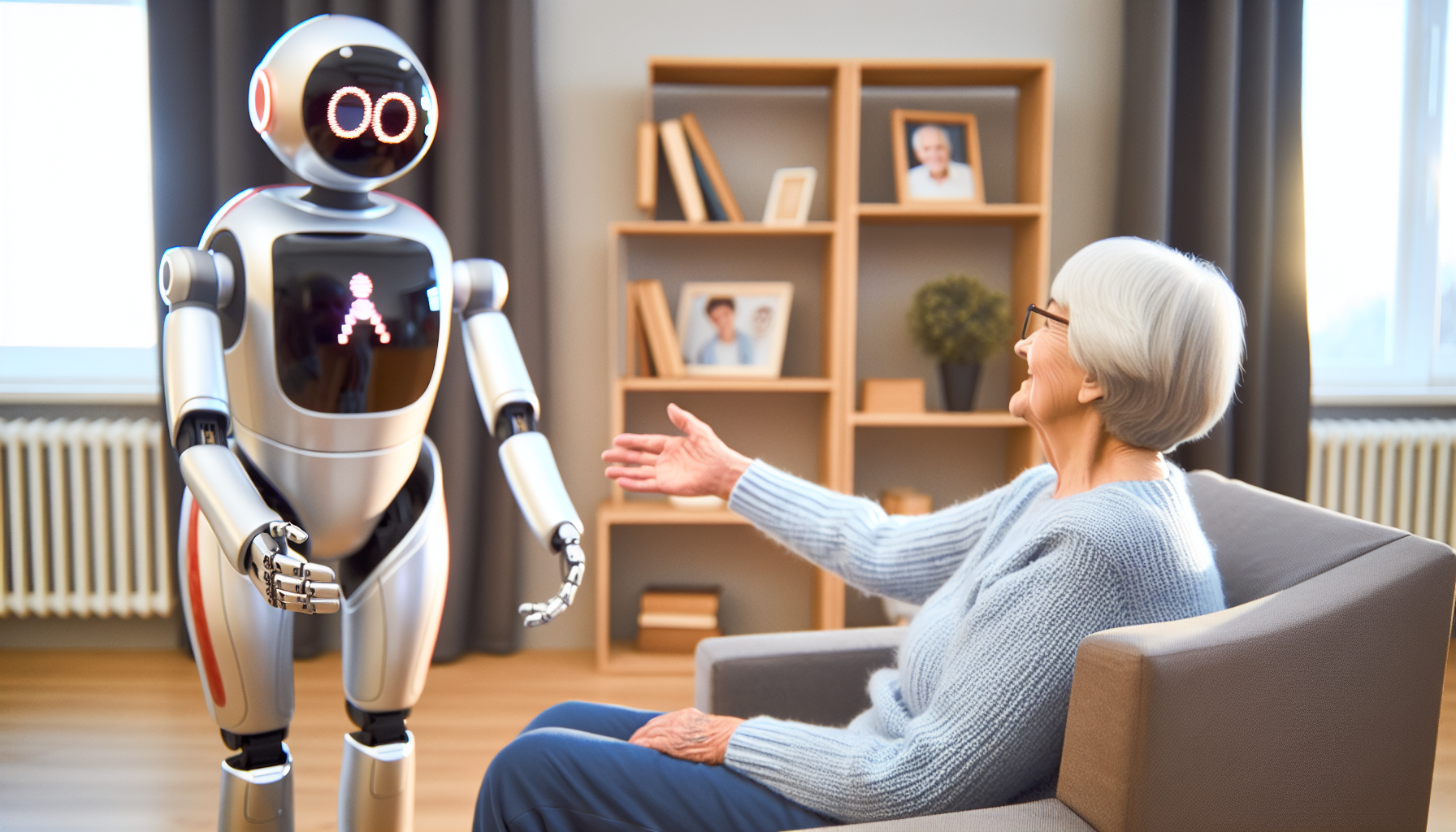 A humanoid robot assisting a senior citizen