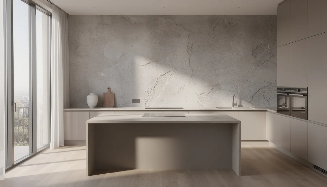 Ett modernt kök har en accentvägg med texturerad yta, upplyst av naturligt ljus, vilket skapar en varm och inbjudande atmosfär. De ljusgröna nyanserna tillför visuellt intresse och kompletterar den övergripande inredningen, vilket gör den till en stilfull fokuspunkt i köksområdet.