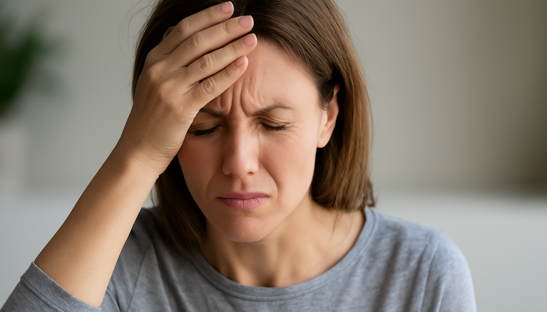 Kvinne presser hånden mot pannen med lukket øyne – tydelige stress-tegn.