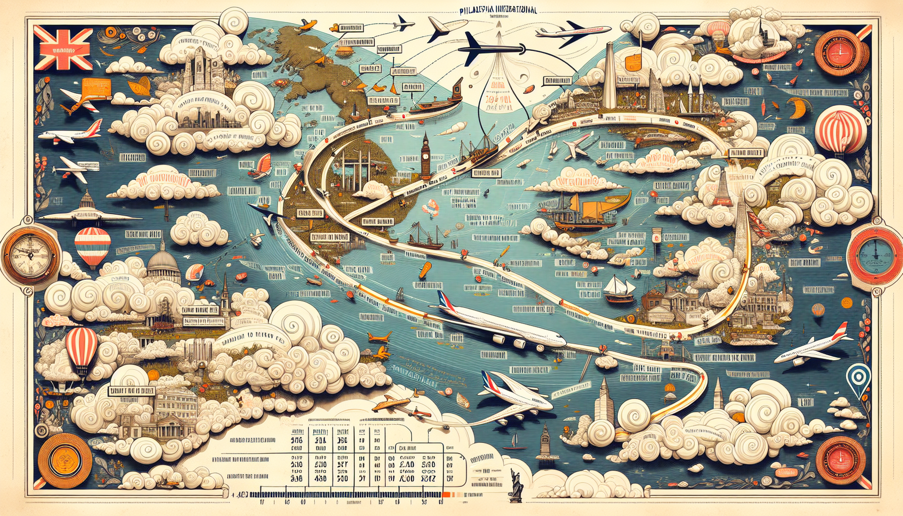 A detailed map illustration of the PHL to LHR flight route..