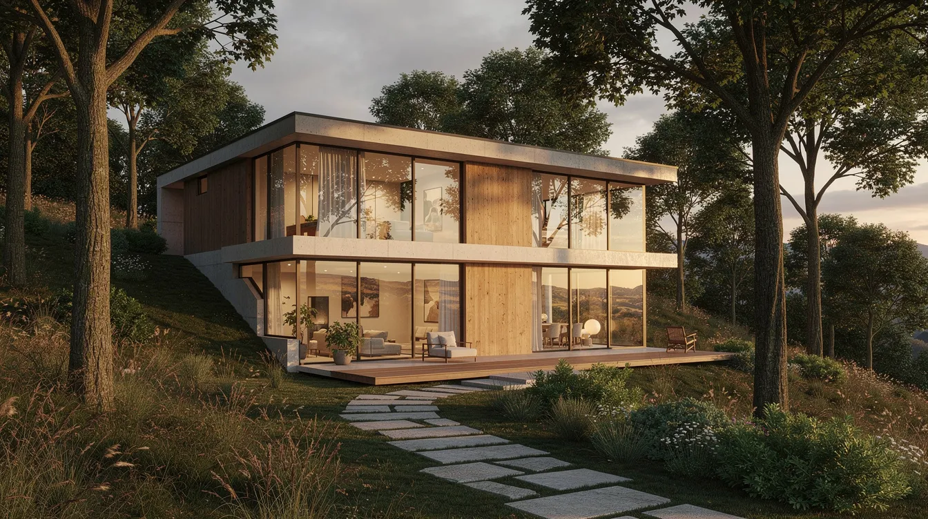 The image depicts a residential home exterior featuring large windows that blend harmoniously into a natural setting, showcasing the beauty of the landscape. These windows can benefit from safety and security films, providing an added layer of protection against potential break-ins and natural disasters.