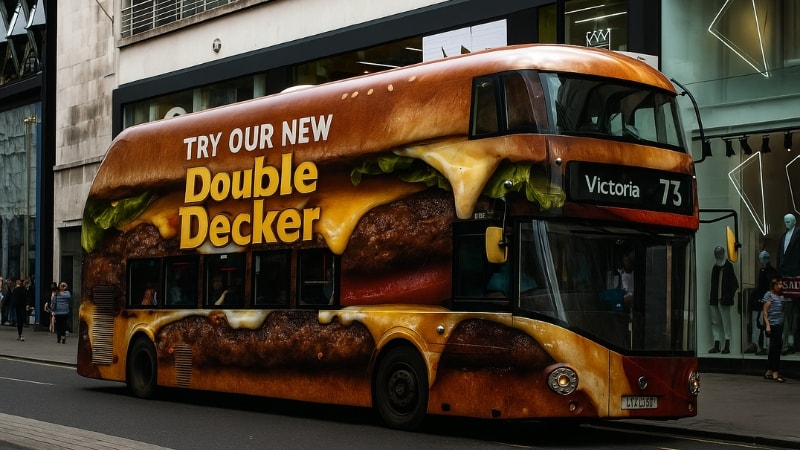 A double decker bus advertising the double decker burger of a food chain