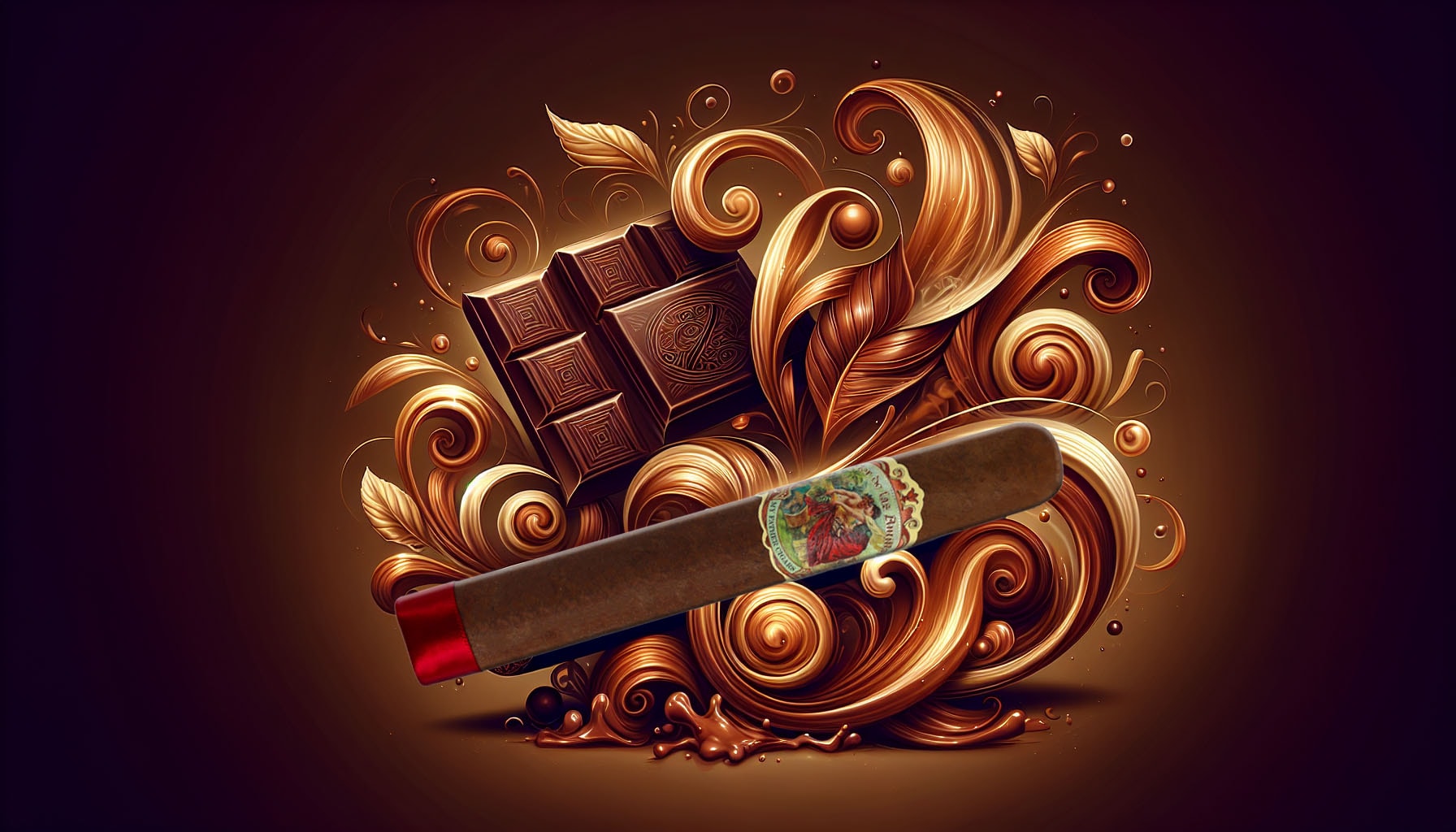 An artistic representation of a cigar with rich cocoa flavor notes, inspired by Flor de las Antillas.