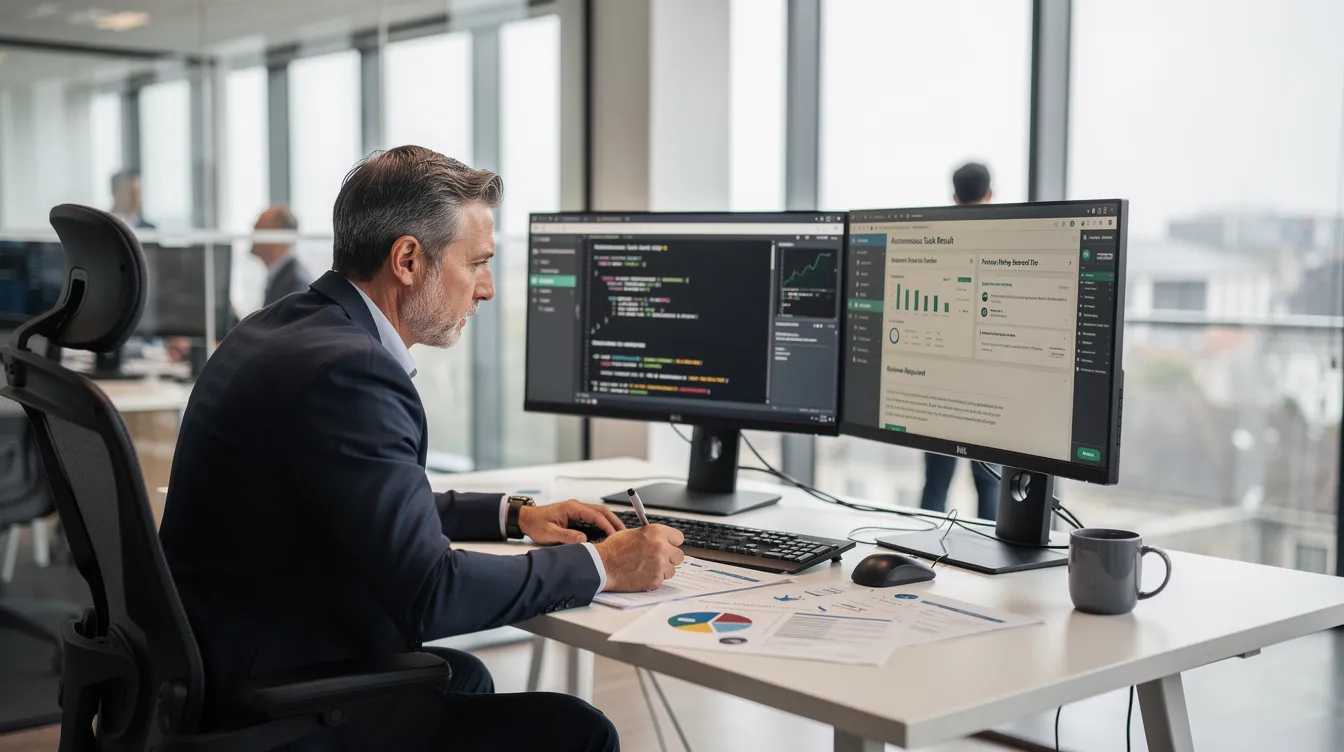 An individual is examining the output generated by autonomous software, ensuring accuracy and quality before giving approval. This process highlights the importance of human oversight in multi-agent systems, where agents perform complex tasks and collaborate effectively.