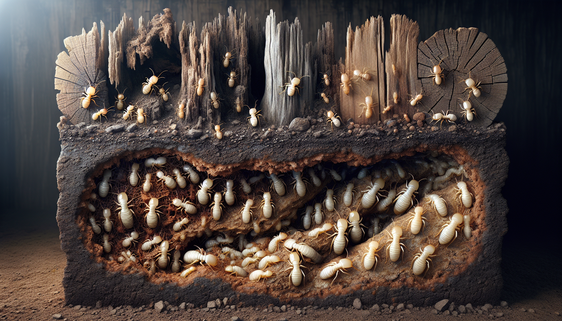 Illustration comparing subterranean termites with drywood and dampwood termites