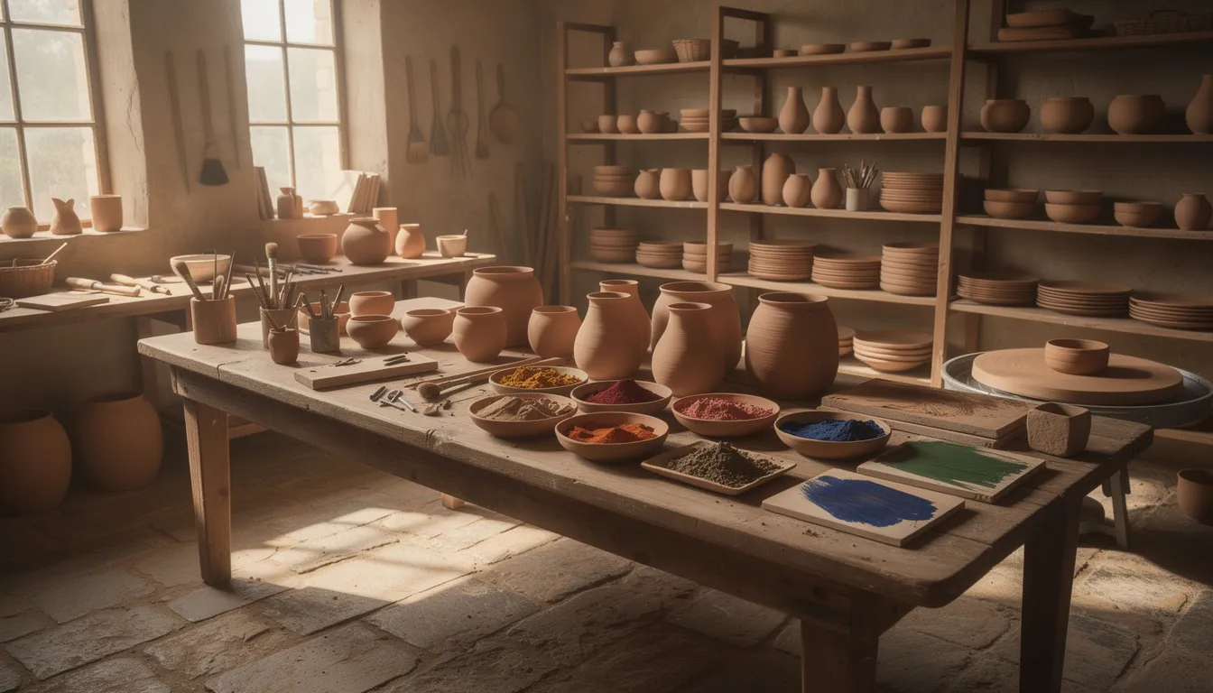 The image depicts a traditional ceramic workshop filled with clay vessels and vibrant natural pigments, showcasing the rich heritage of Mexican folk art. This setting reflects the artistic skills and cultural identity of Mexican artists, emphasizing their connection to local traditions and everyday life.