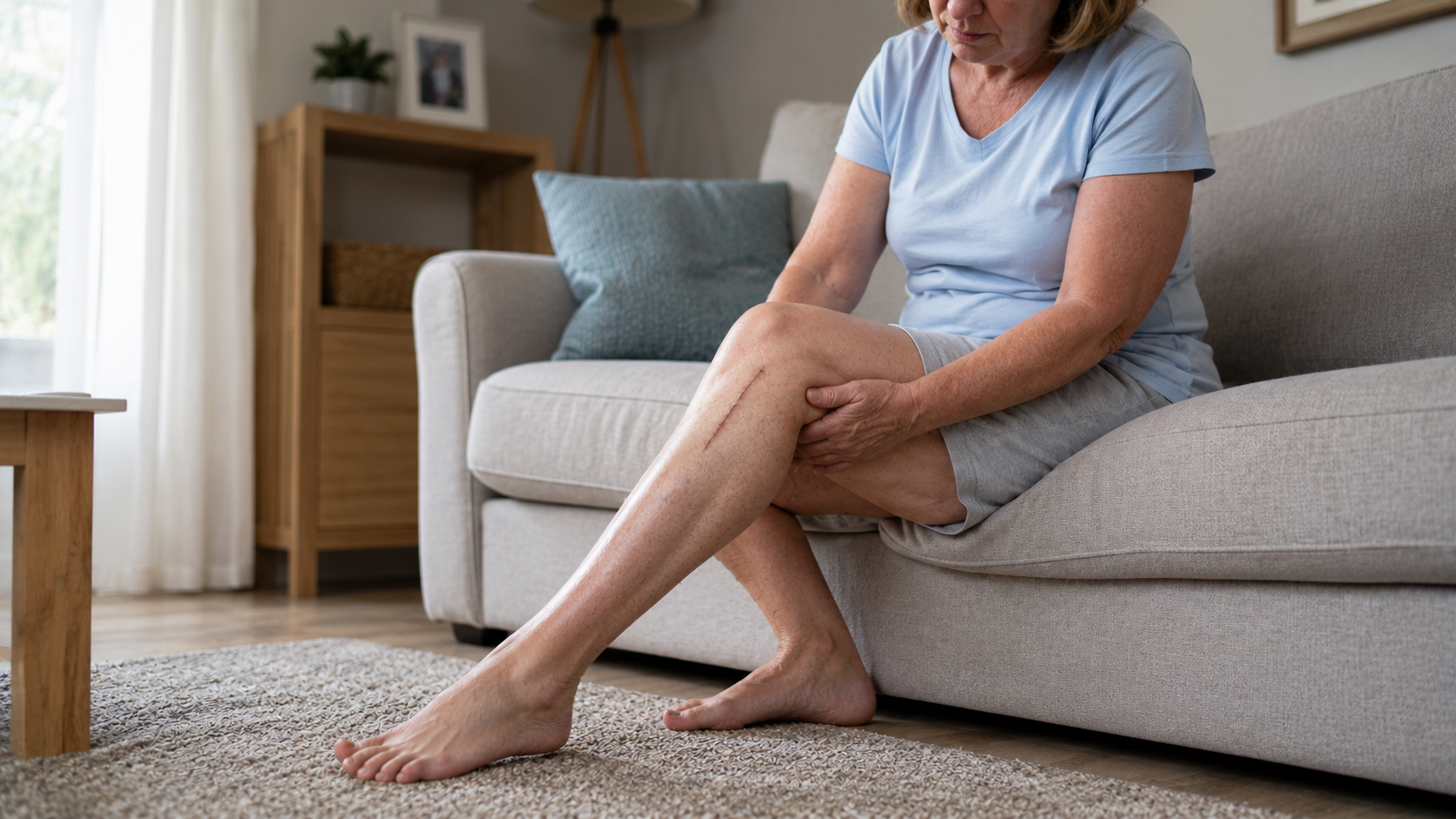 Older woman recovering from knee surgery at home while managing post-surgical leg weakness and recovery