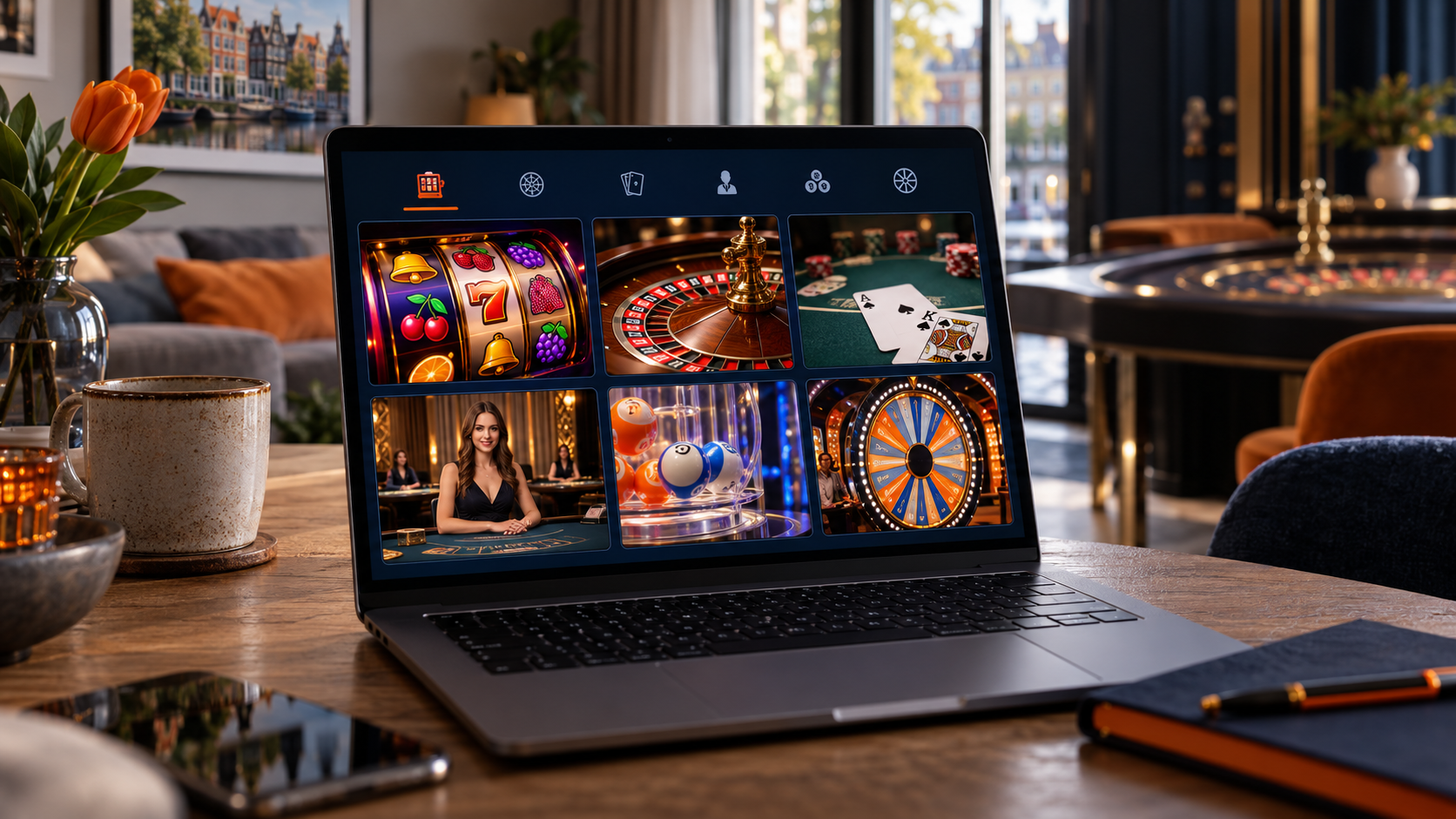 Laptop met een overzicht van gokkasten, roulette, kaartspellen, bingo en live casino.