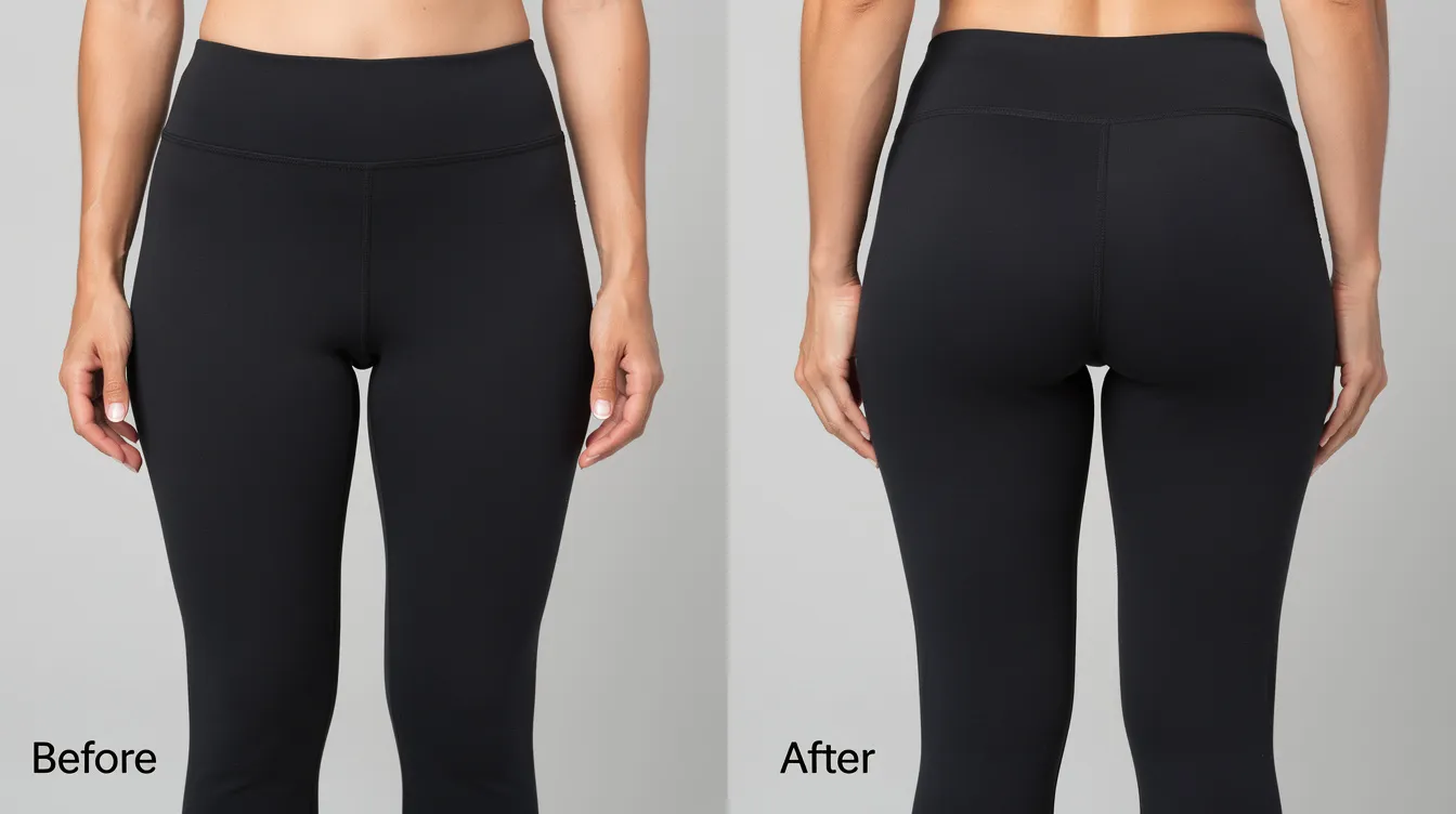 The image shows a side-by-side comparison of a woman's lower body in fitted leggings, highlighting a subtle enhancement in the lift and roundness of her buttocks after a treatment, likely involving injectable fillers or a non-surgical body contouring procedure. The transformation demonstrates natural looking results and improved shape, showcasing the effectiveness of methods such as the liquid BBL or fat transfer.
