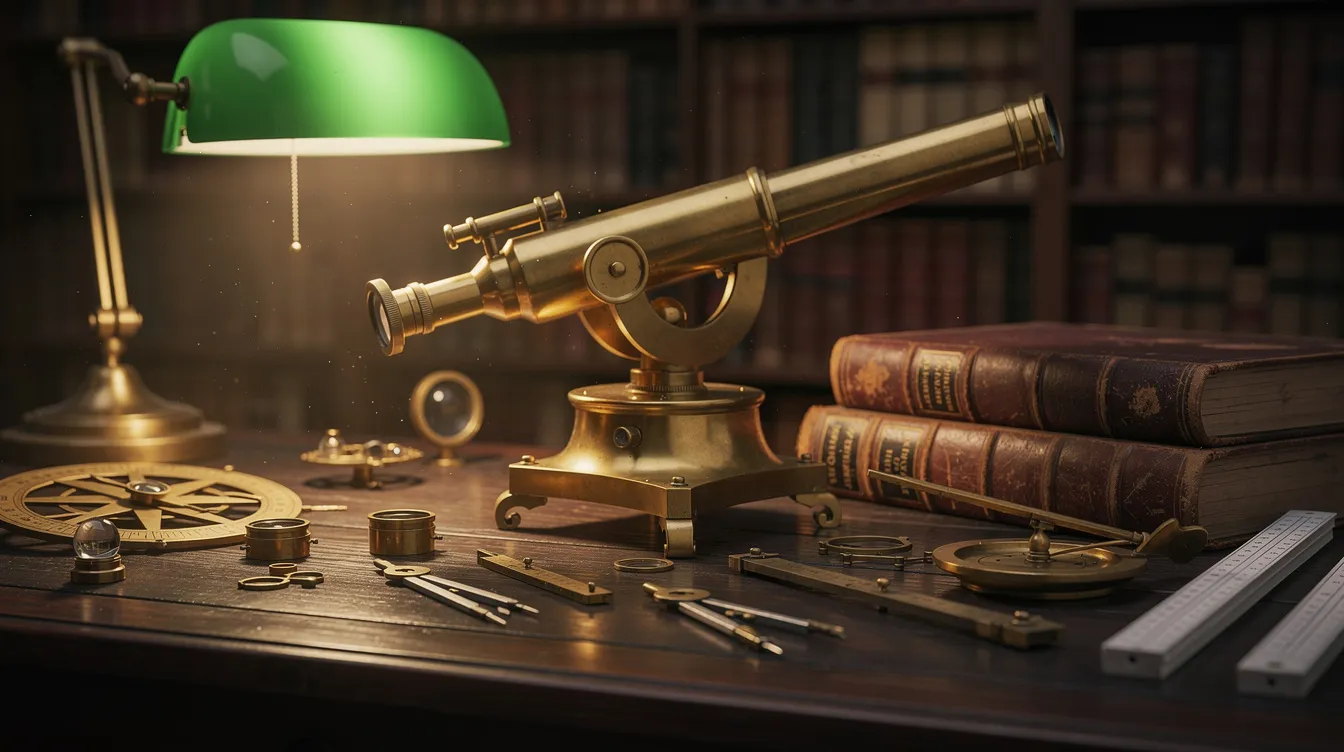 Na drewnianym biurku w bibliotece naukowej znajdują się stare instrumenty fizyczne oraz teleskop, kt&oacute;re przypominają o wielkich umysłach i ich odkryciach w dziedzinie fizyki. W otoczeniu książek i notatek można poczuć atmosferę badań nad teorią względności oraz mechaniką kwantową.