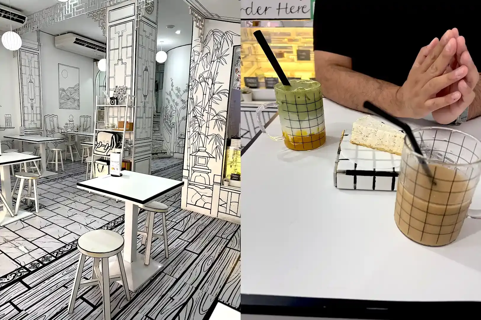 A split-view image of the 2D monochrome dining space on the left, and a customer enjoying layered matcha drinks, coffee, and cake at a table on the right.