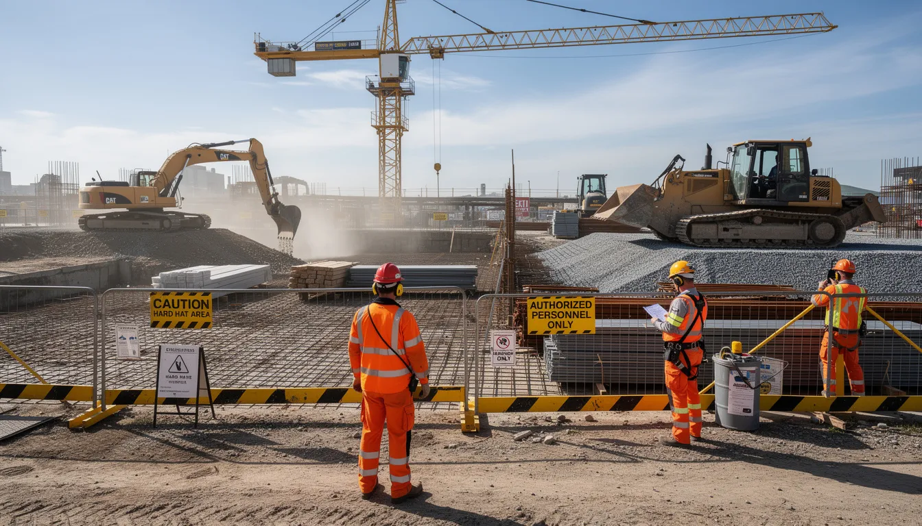 The image depicts an industrial construction site bustling with heavy equipment and workers adhering to safety protocols. The environment highlights the importance of workplace safety, particularly for injured workers who may need legal assistance from a workers compensation lawyer to navigate their personal injury claims.
