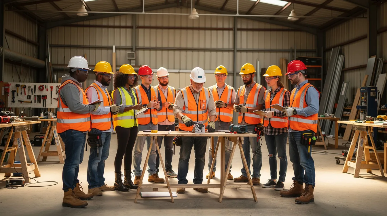 A group of construction trade apprentices in hard hats is gathered around an instructor at a training facility workshop, actively engaging in on-the-job training to develop essential skills for their future careers in the construction industry. This registered apprenticeship program aims to prepare qualified workers for various roles in construction projects, addressing labor shortages and supporting economic growth.
