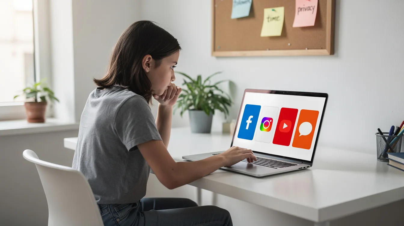 A girl is thoughtfully selecting a social media platform, surrounded by icons representing various social media accounts. She appears focused on creating engaging content that will resonate with her target audience and help grow her social media presence.