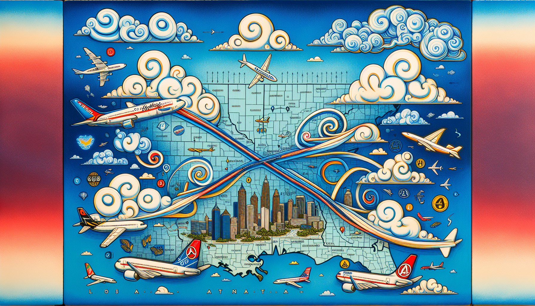 A drawing of nonstop flights from Los Angeles to Atlanta.