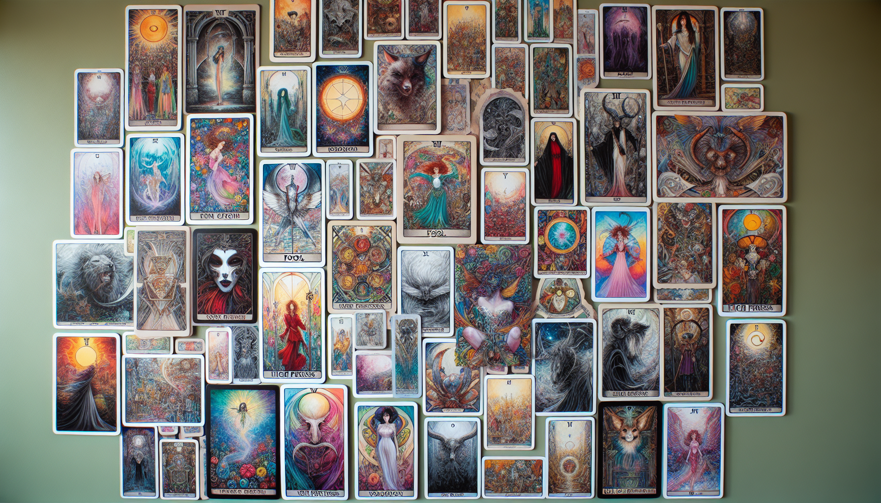 Artistic depiction of diverse interpretations of Major Arcana cards across tarot decks
