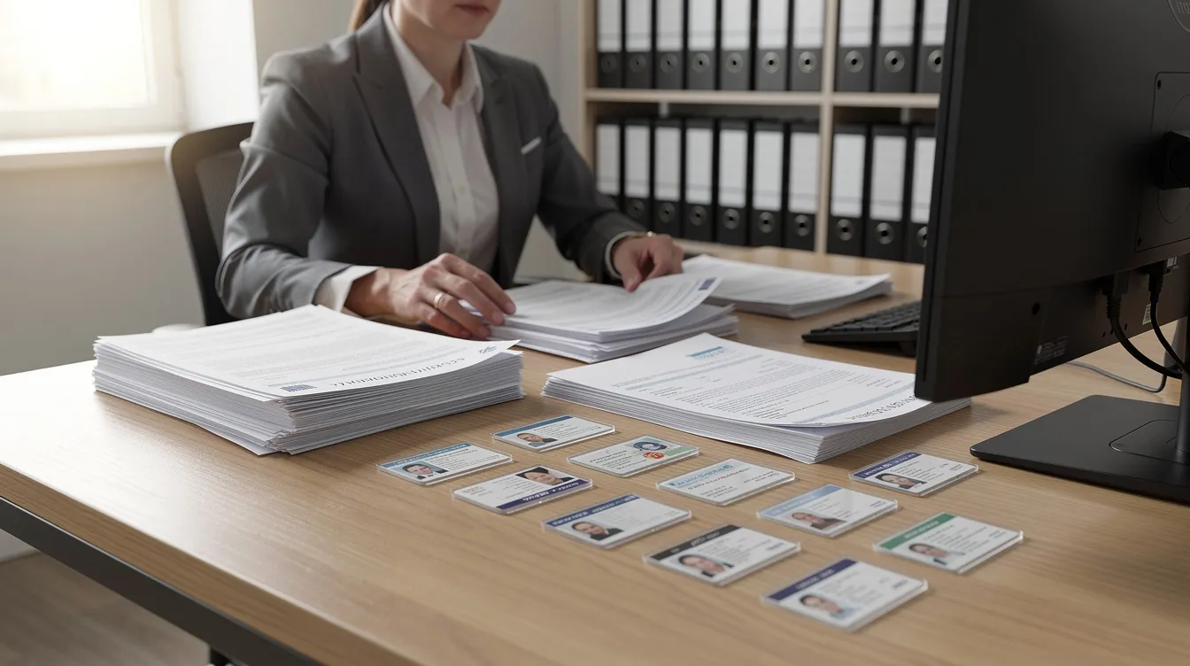 The image shows a person sitting at a desk, meticulously organizing stacks of business documents and identity cards, likely in preparation for applying for a loan under the Pradhan Mantri Mudra Yojana. The scene reflects the importance of having a satisfactory credit track record and the necessary documents for securing financial assistance from various financial institutions.