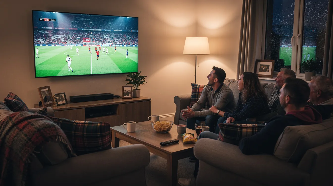 A cozy Glasgow living room features a group of friends gathered around a modern TV, intently watching a football match. The atmosphere is filled with excitement as they enjoy the game, highlighting the popularity of sports streaming in the area, while also reminding viewers to be aware of the risks associated with illegal IPTV services.