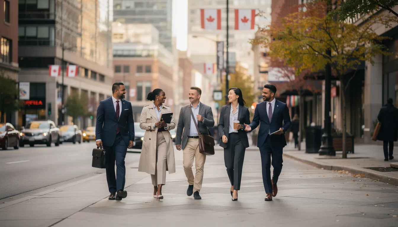 L'image montre un groupe diversifié de professionnels marchant ensemble dans une rue urbaine canadienne, symbolisant l'immigration et la collaboration entre travailleurs qualifiés de différentes origines. Cette scène illustre l'importance des programmes comme l'entrée express pour les candidats souhaitant obtenir une résidence permanente au Canada.