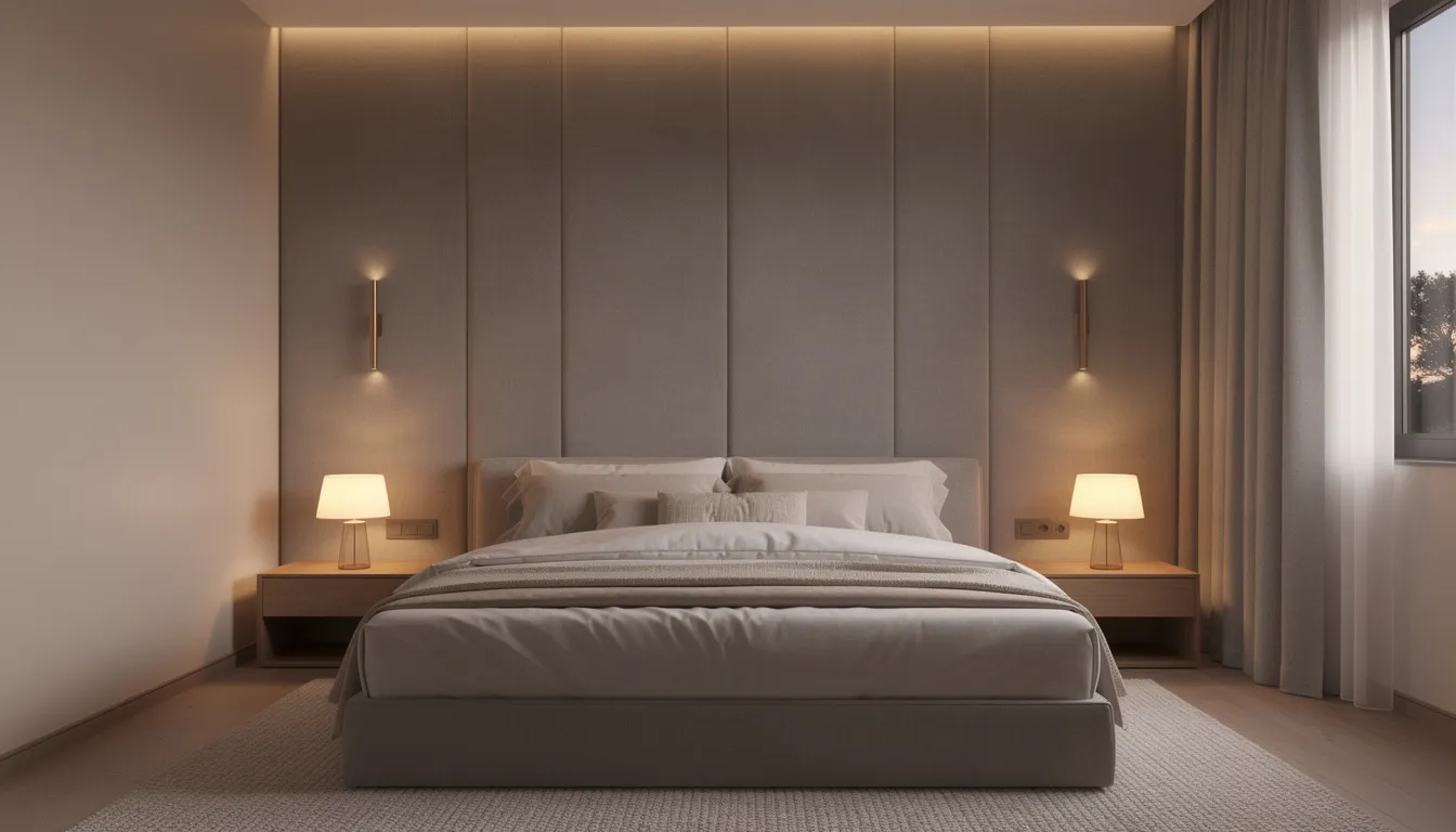 Een sfeervolle slaapkamer met zachte grijze wandpanelen van geëxpandeerd polystyreen achter een groot bed, verlicht door warme sfeerverlichting. De wandpanelen creëren een unieke uitstraling en dragen bij aan de esthetiek en geluidsisolatie van de ruimte.