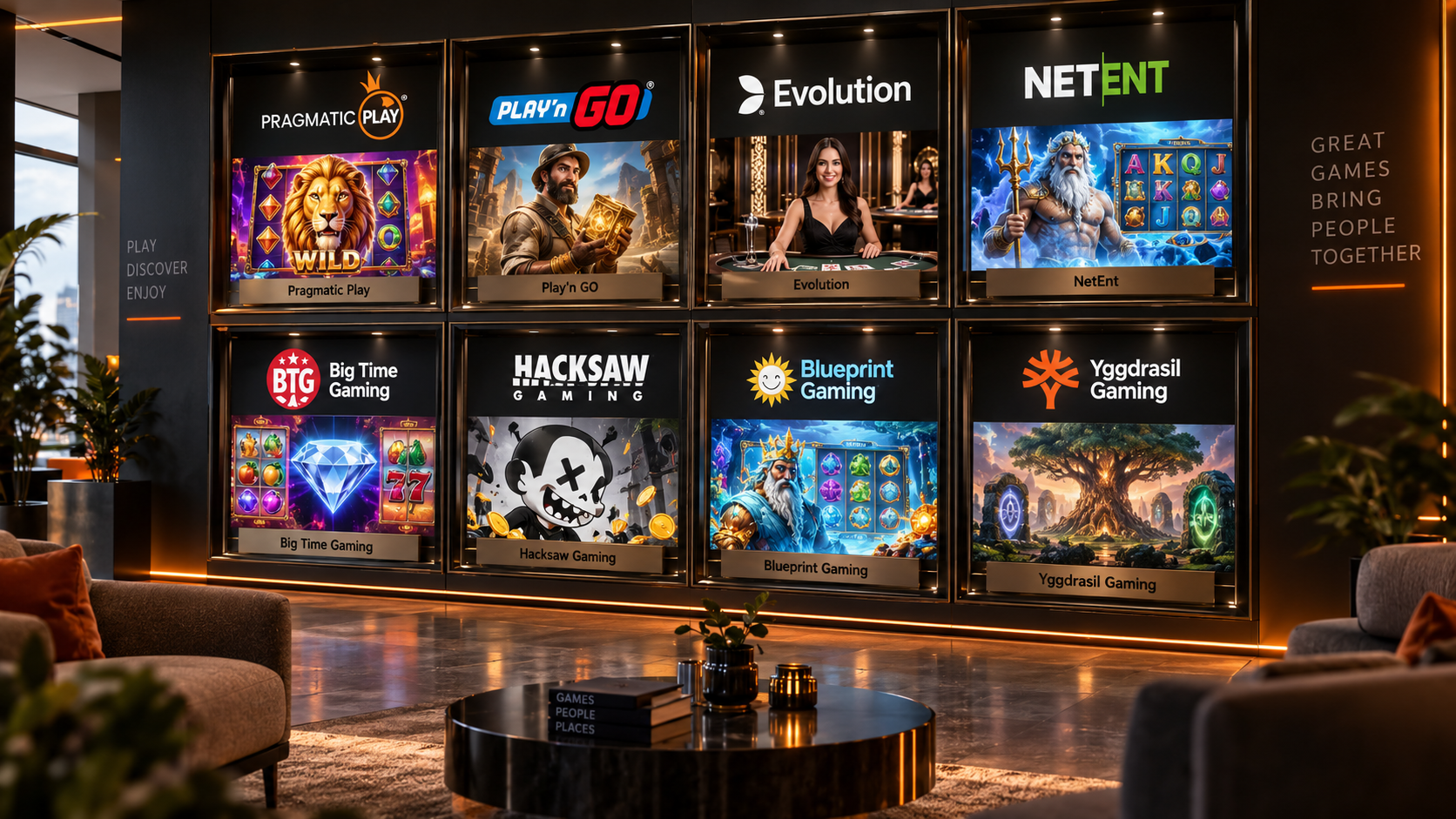 Wand met acht casino providers en voorbeelden van hun spellen.
