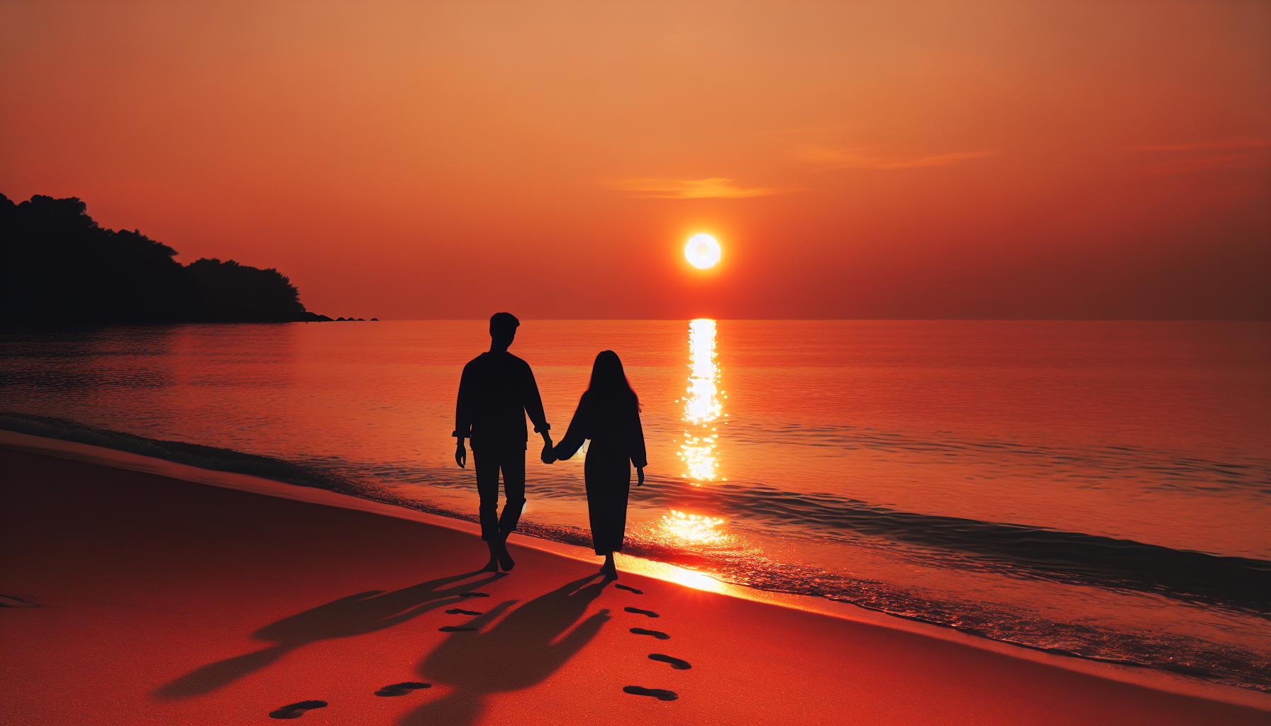 A couple holding hands and walking on the beach at sunset