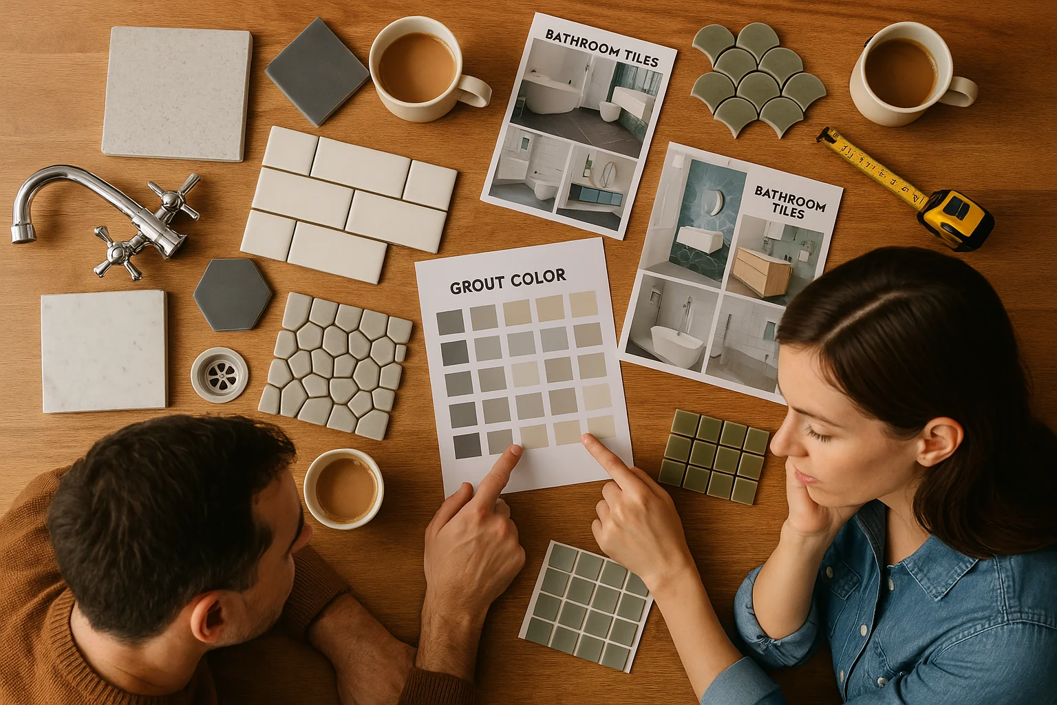Bathroom design samples and tile swatches spread on a table with a couple deciding on finishes.