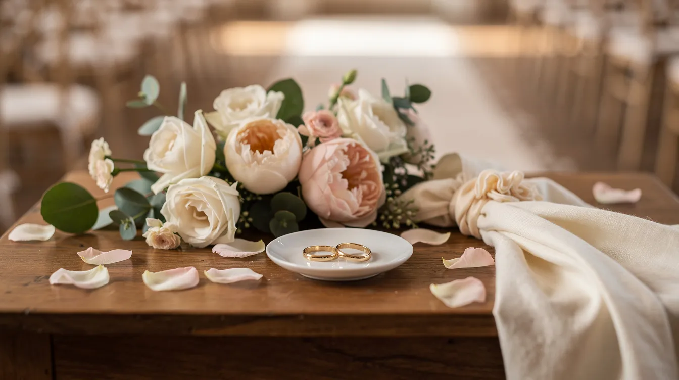 Een sfeervolle tafel is versierd met trouwringen en bloemen, die de setting creëren voor een onvergetelijke ceremonie voorafgaand aan het huwelijk. Deze persoonlijke ceremonie, geleid door een goede babs, belooft een betekenisvolle ervaring voor het bruidspaar en hun gasten.