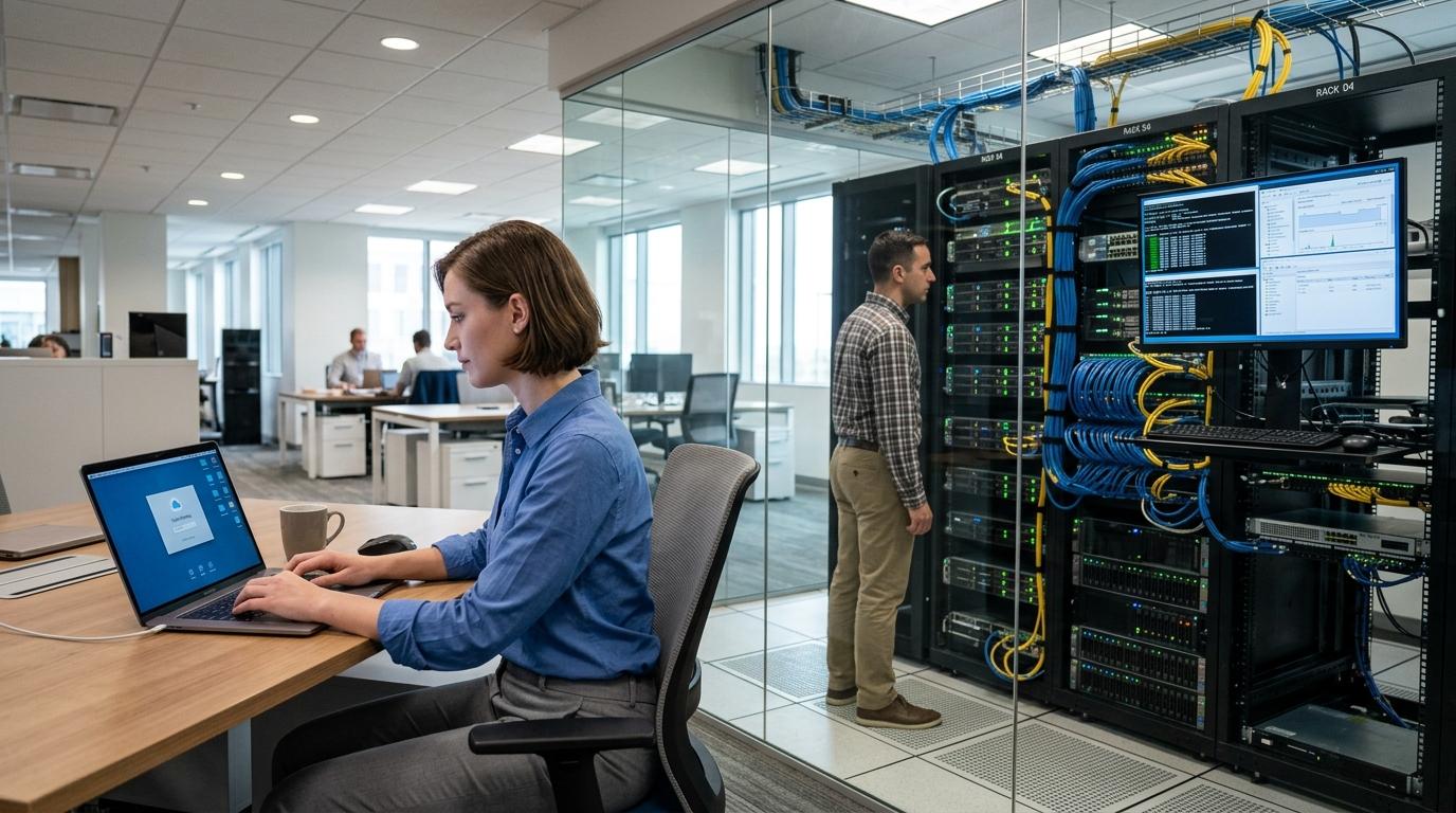 Professional IT environment showing simple cloud desktop access on one side and a sophisticated multi-server virtual lab infrastructure on the other.