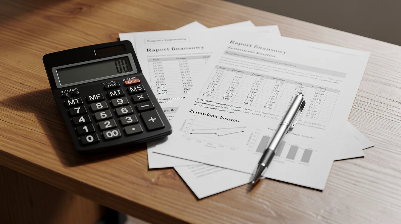 495e599e ac5d 4e0a 9364 1dc386c2bb57 Na drewnianym biurku znajduje się kalkulator, długopis oraz dokumenty finansowe, które mogą być używane do analizy płynności finansowej przedsiębiorstwa i regulowania bieżących zobowiązań. Te elementy wskazują na codzienną pracę związana z zarządzaniem finansami firmy.