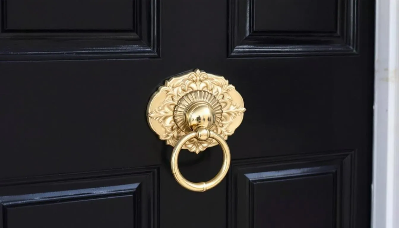 The image features an elegant front door painted in Sherwin Williams Tricorn Black, complemented by sleek brass hardware and crisp white trim. This modern entrance showcases a bold contrast that enhances the overall beauty of the exterior space.