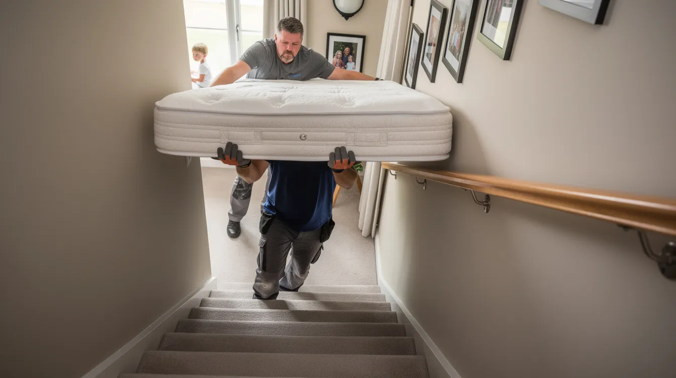 Two workers are carefully navigating a narrow staircase while carrying a large mattress, demonstrating the importance of proper mattress disposal and recycling. This scene highlights the challenges of moving used mattresses, which can be part of a mattress recycling program aimed at reducing waste and promoting environmental sustainability.