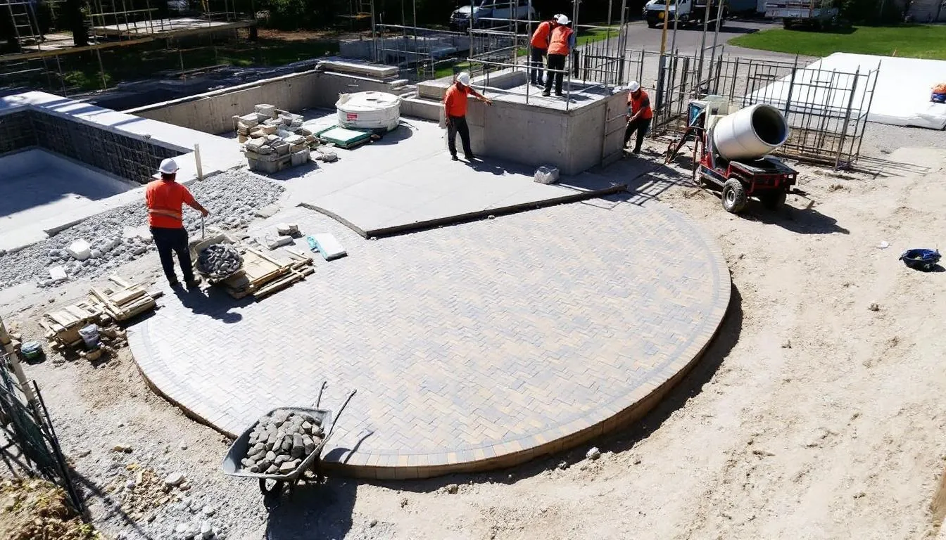 The image depicts the construction of a paver swimming pool deck, showcasing skilled professionals at work as they lay down interlocking stones around a newly remodeled swimming pool. This pool remodeling project highlights the aesthetic appeal and functionality of the outdoor space, enhancing the overall beauty of the backyard.