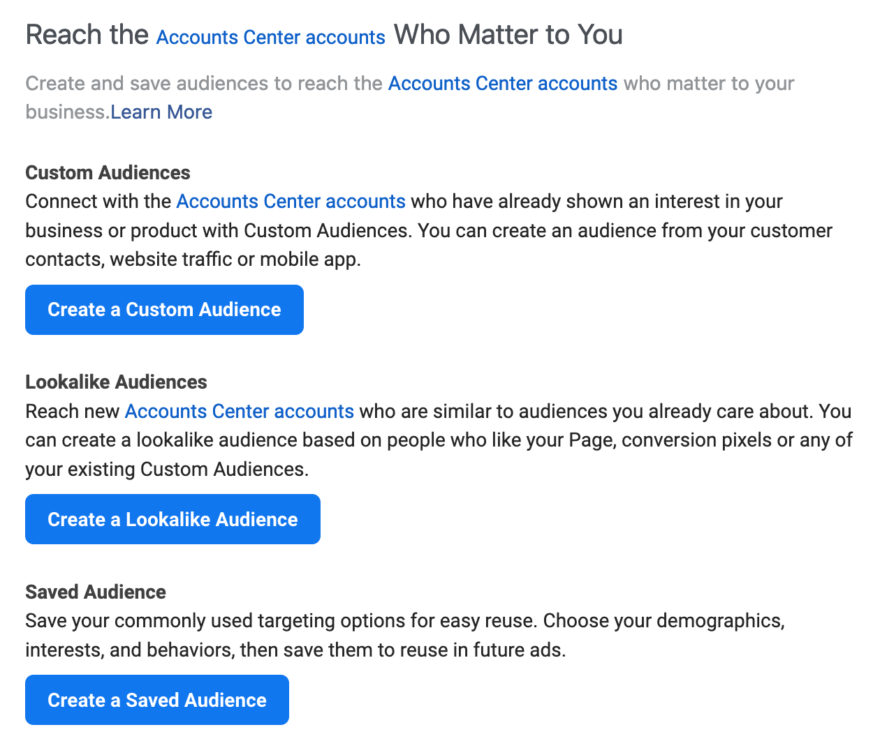 Screenshot of reaching the accounts center accounts who matter to you (Facebook Audiences)