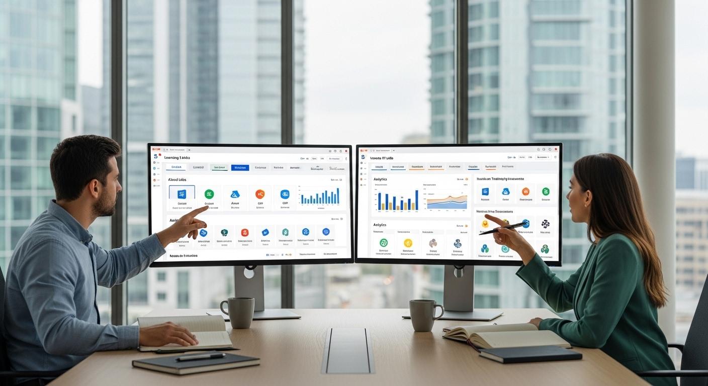 Training managers comparing virtual IT lab platforms with dashboards showing learning modes, cloud labs, analytics, and hands-on training environments.