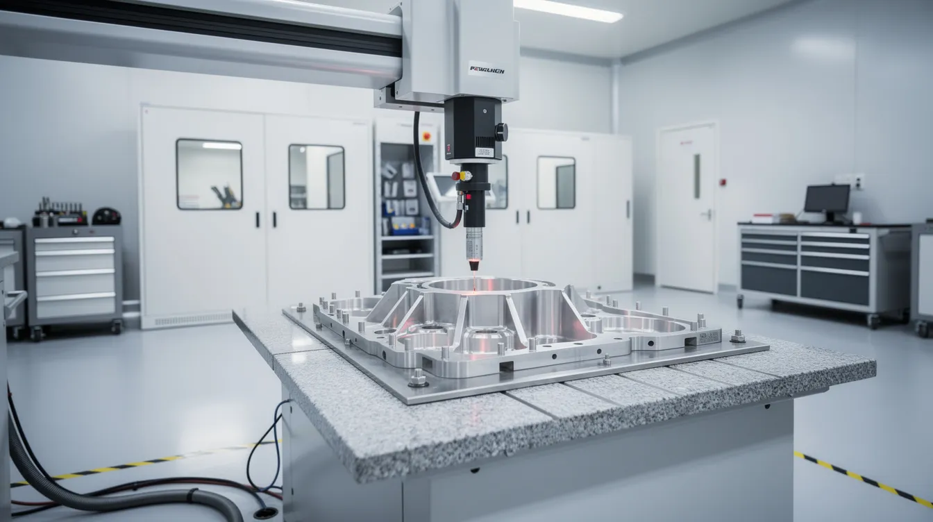The image depicts a quality inspection room featuring a CMM (Coordinate Measuring Machine) that is meticulously measuring a precision metal part under controlled lighting conditions. This setting highlights the importance of quality control in the CNC machining process, ensuring high precision and dimensional accuracy in the manufacturing of custom machined parts.