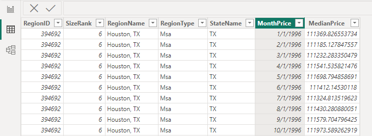 Screenshot of Time-Series PowerBI Dataset 