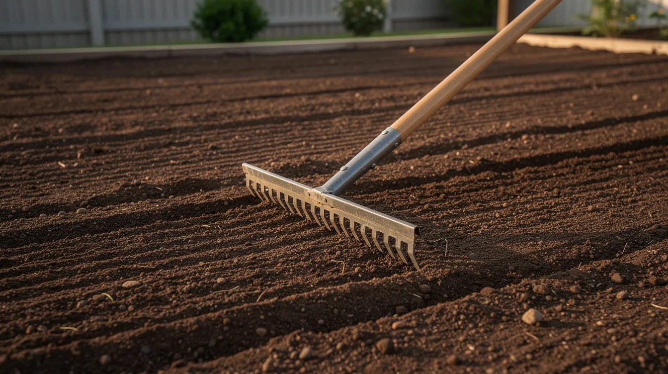 A gardener is leveling the soil in a garden using a rake to prepare for sowing lawn seed. The ground is clear of large stones, creating a smooth surface ideal for planting quality seeds like perennial ryegrass and slender creeping red fescue for a new lawn.